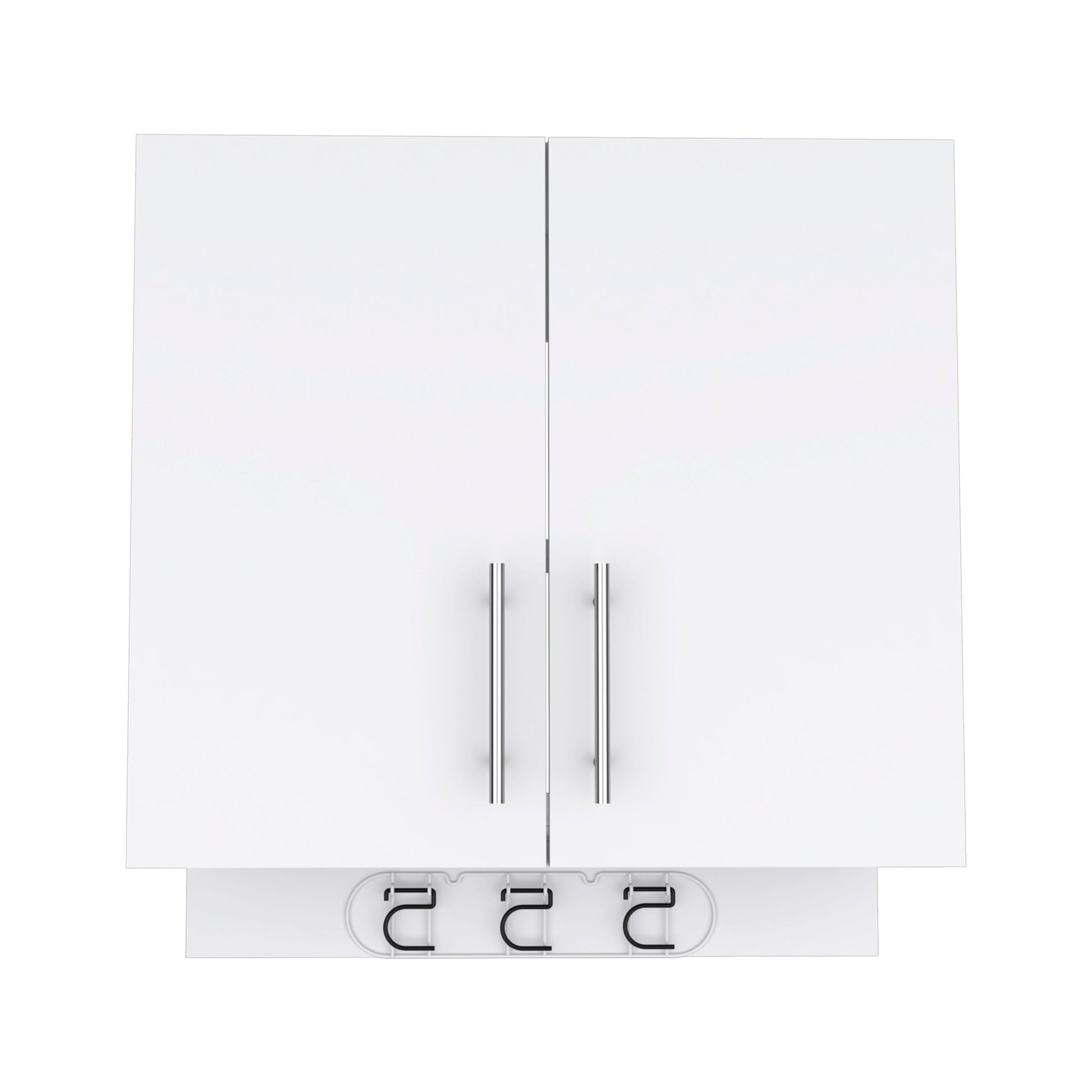White modern wall cabinet with dual chrome handles and integrated cable management hooks