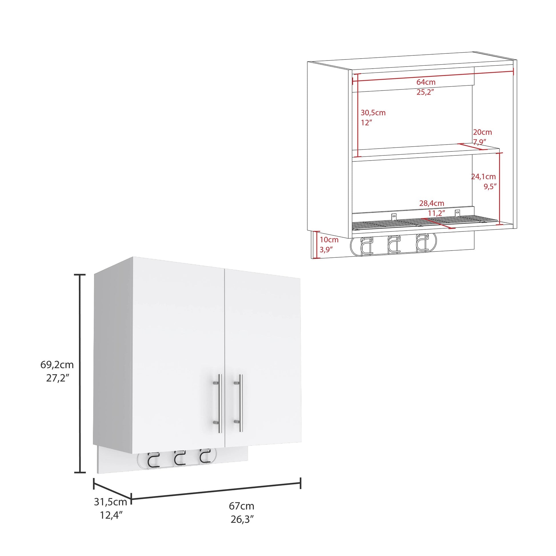 White twodoor wall cabinet with silver handles and integrated hooks