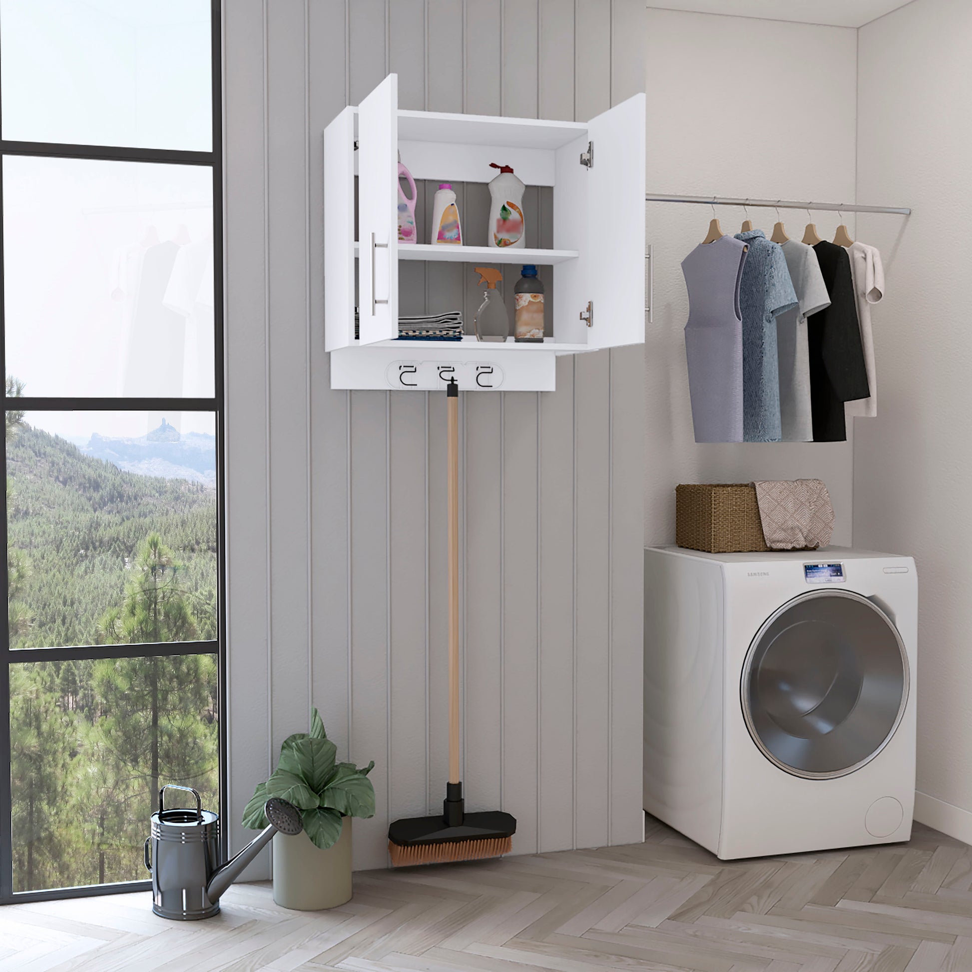 White wallmounted laundry cabinet with cleaning supplies and hooks