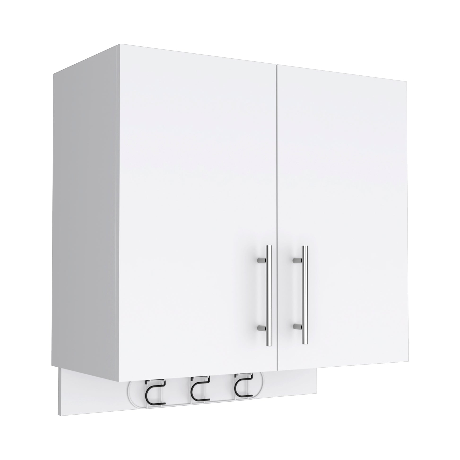 White wall cabinet with double doors and integrated hooks for kitchen storage