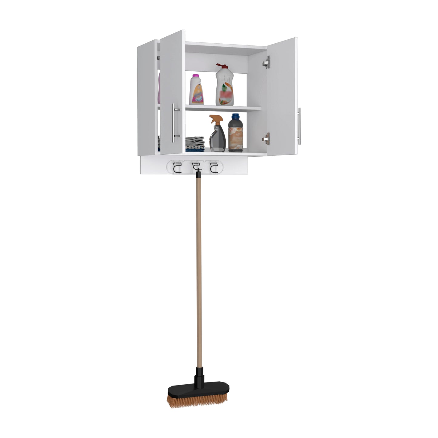 White wallmounted cabinet with broom holder and cleaning supplies