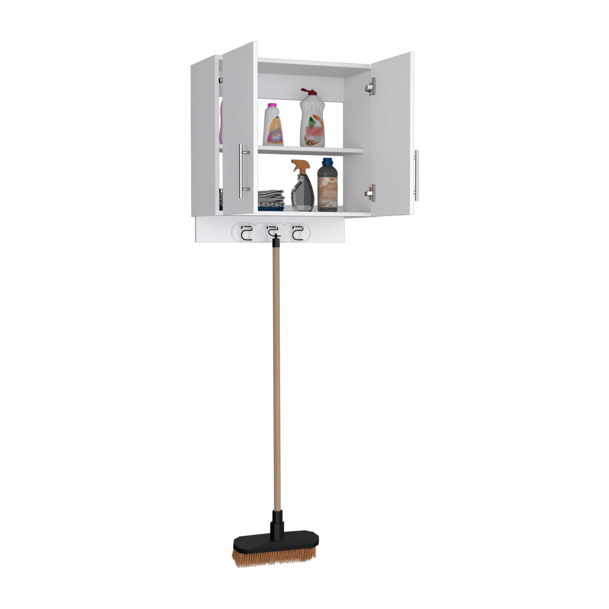 White wallmounted cabinet with broom holder and cleaning supplies