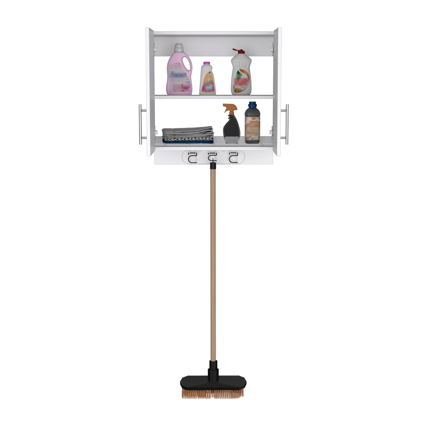 White laundry cabinet with cleaning supplies and folded towels