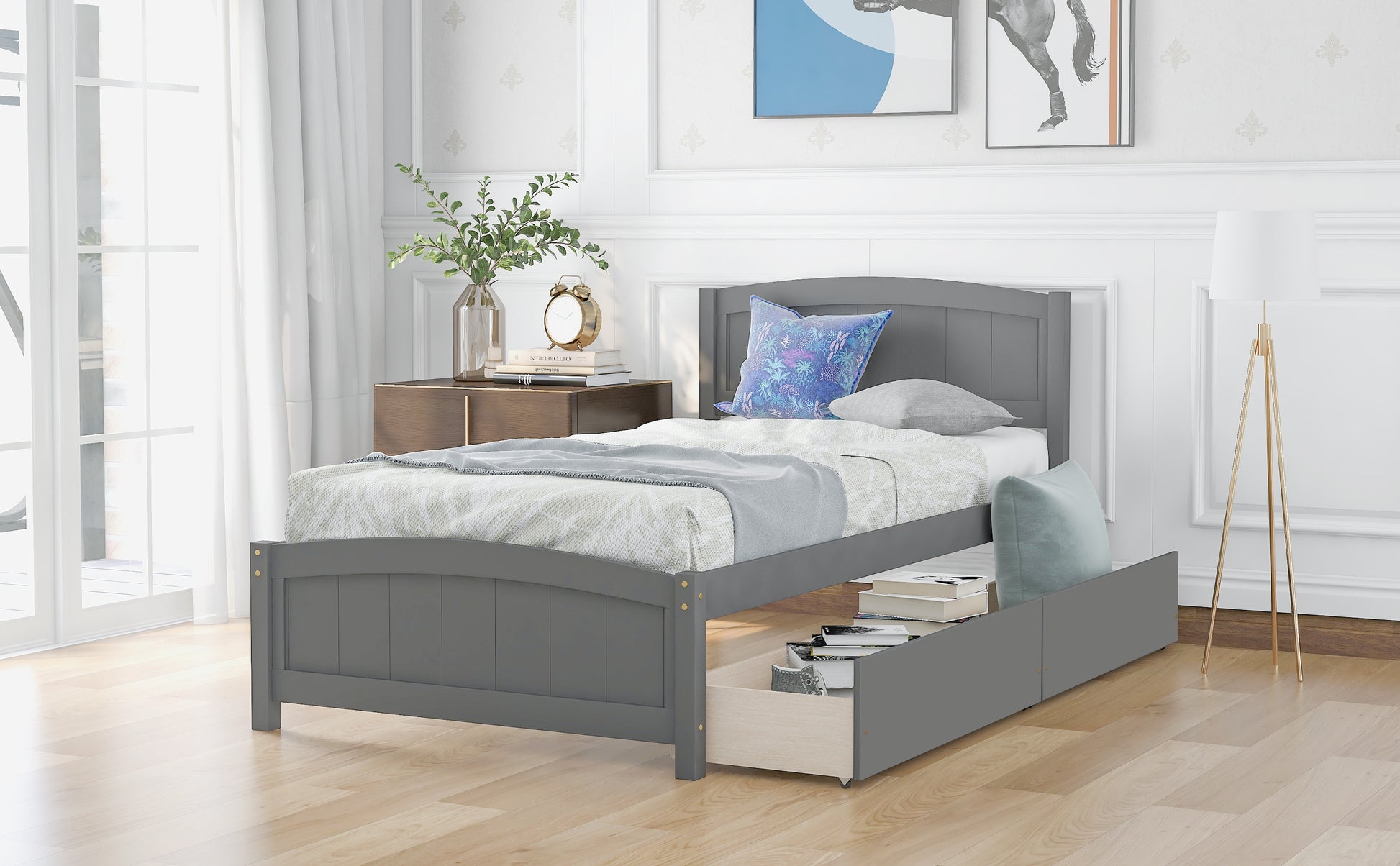 Grey wooden twin bed frame with storage drawers