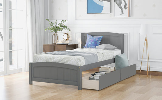 Grey wooden twin bed frame with storage drawers