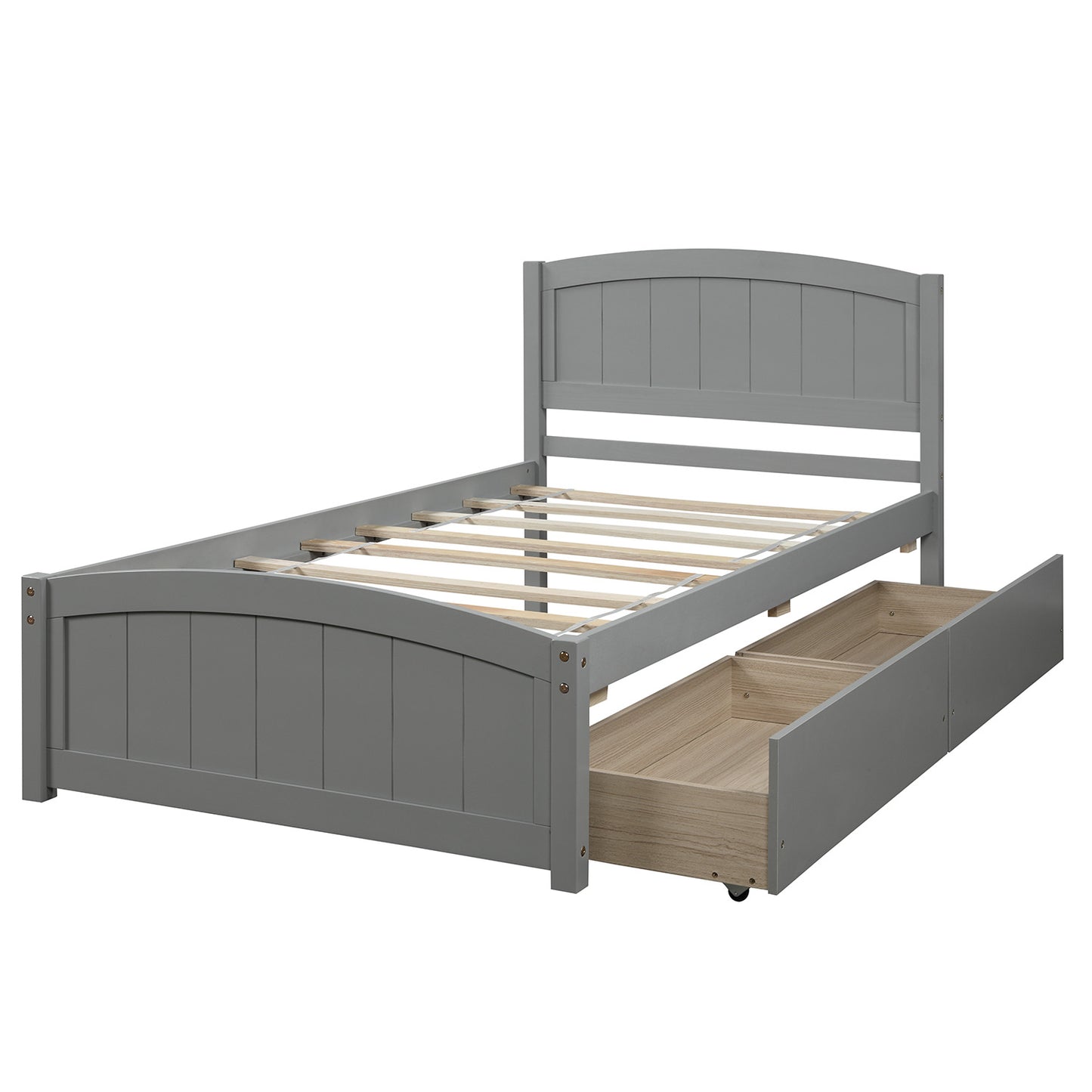 Grey wooden twin bed frame with two storage drawers and slatted support
