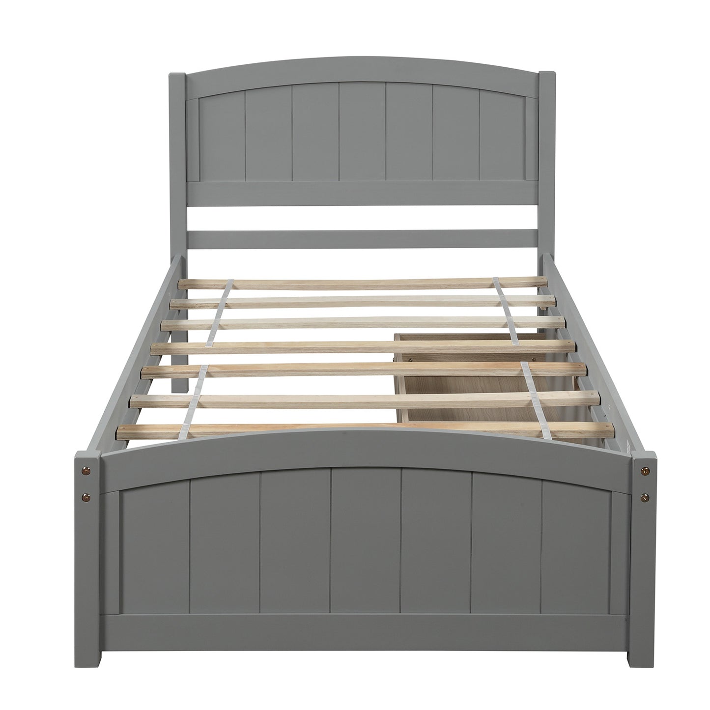 Gray wooden twin bed frame with arched headboard and footboard