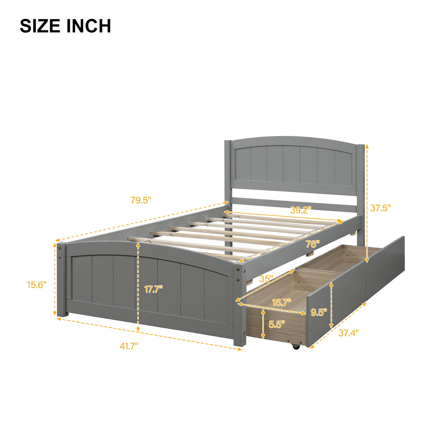 Gray twin bed frame with two underbed storage drawers and dimension labels