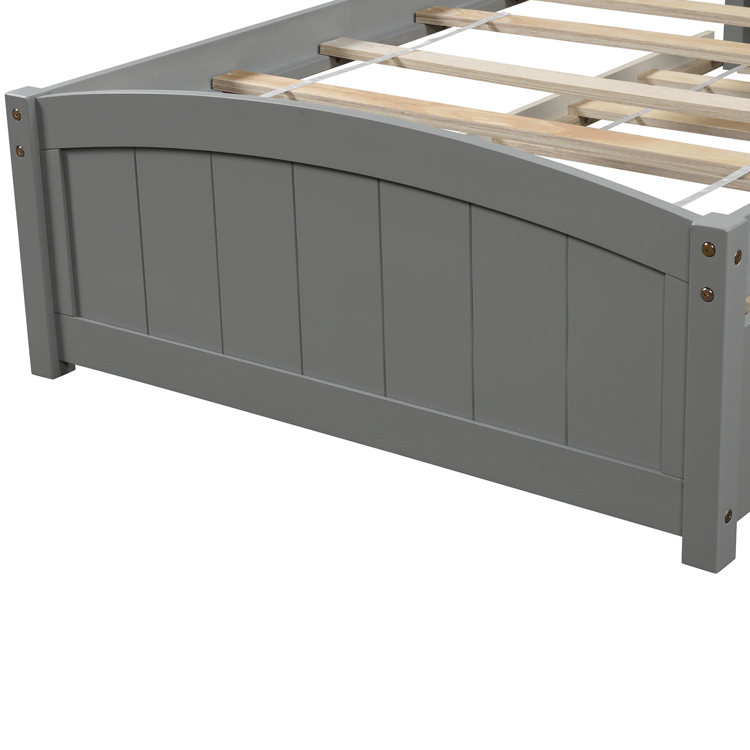 Gray wooden bed frame with slatted support system