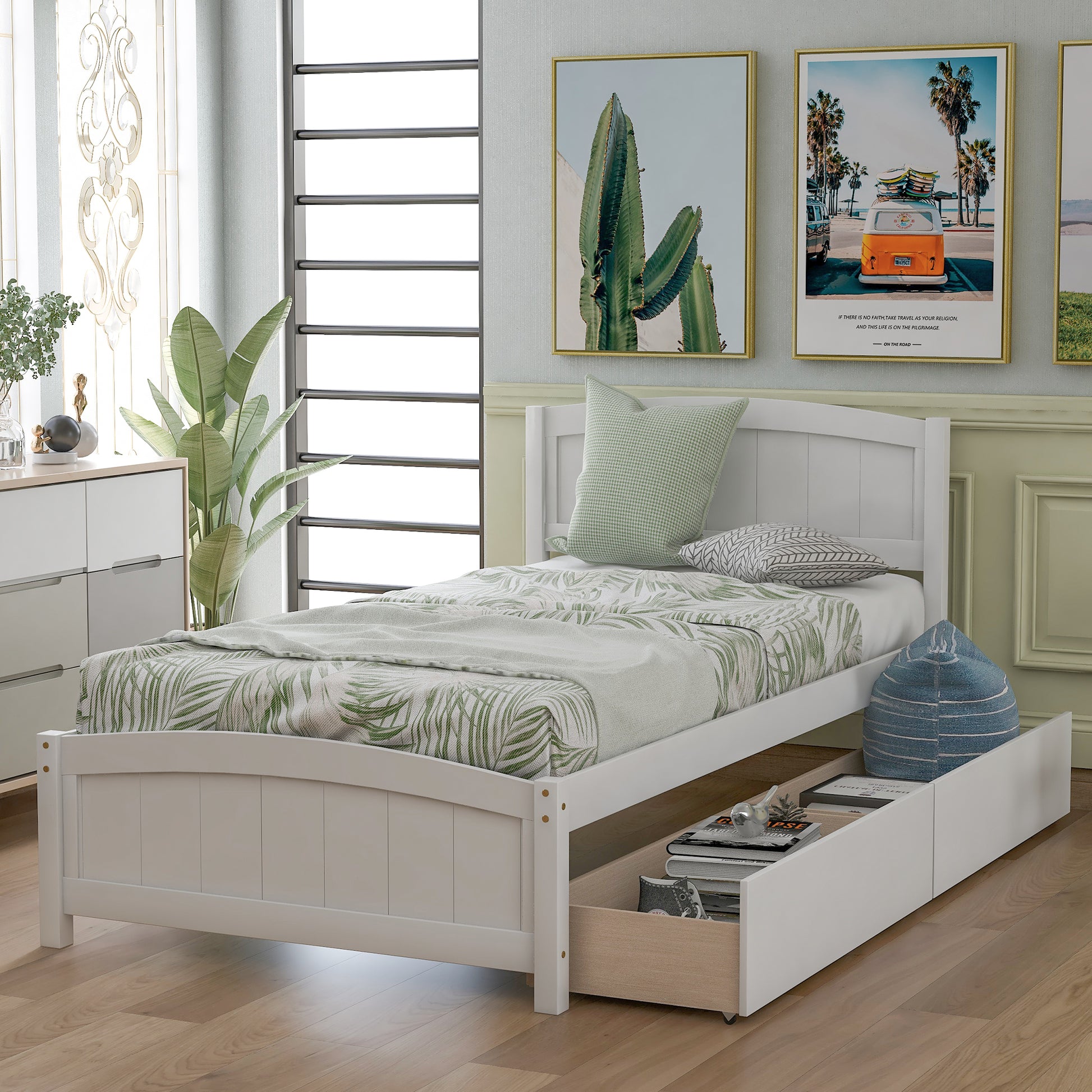 White wooden single bed frame with storage drawers and tropical leaf bedding