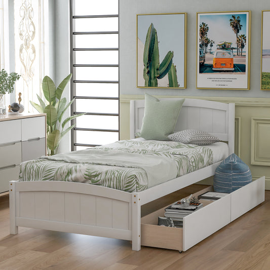 White wooden single bed frame with storage drawers and tropical leaf bedding