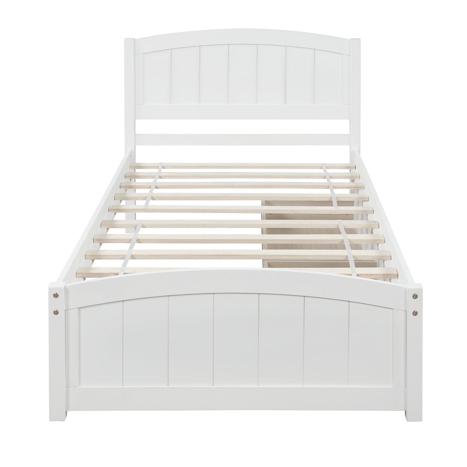 White wooden twin bed frame with arched headboard and slatted support