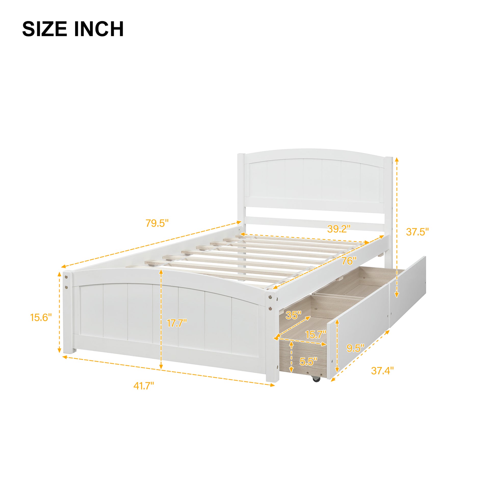 White twin bed frame with curved headboard and two storage drawers