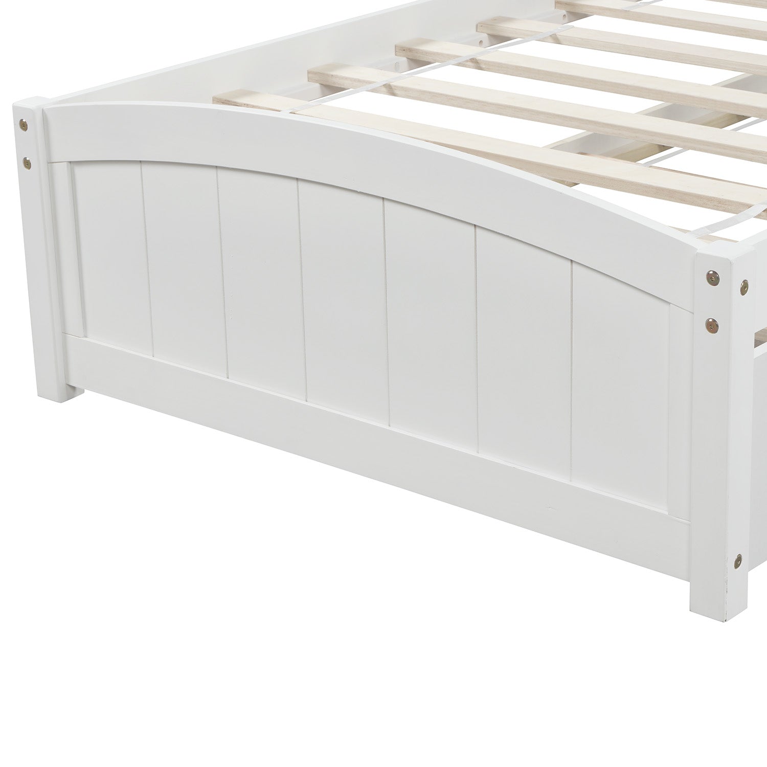 White wooden bed frame with curved headboard and wooden slats
