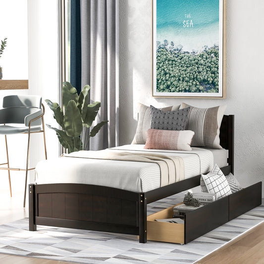 Dark wood twin bed frame with storage drawers and patterned bedding