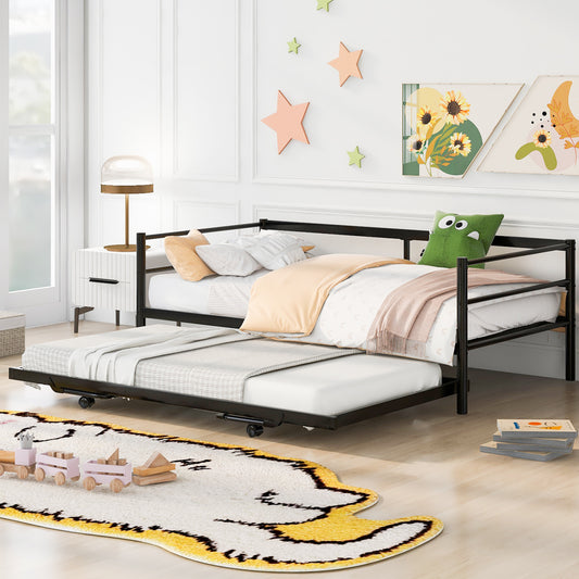 TREATLIFE HOME Twin Size Metal Daybed with Adjustable Pop Up Trundle, Industrial Design, Black