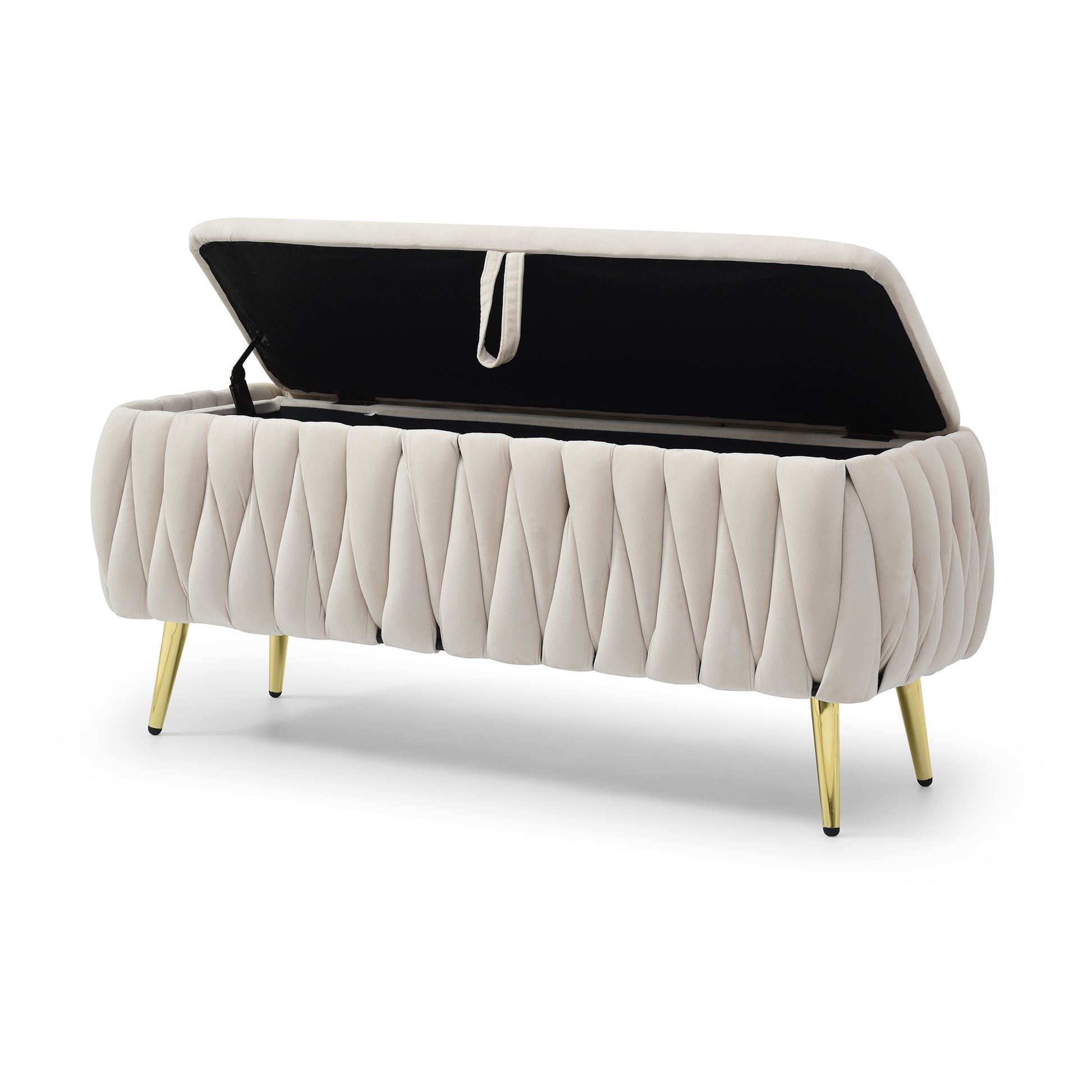 Velvet storage bench in cream with gold legs and diamond tufting detail