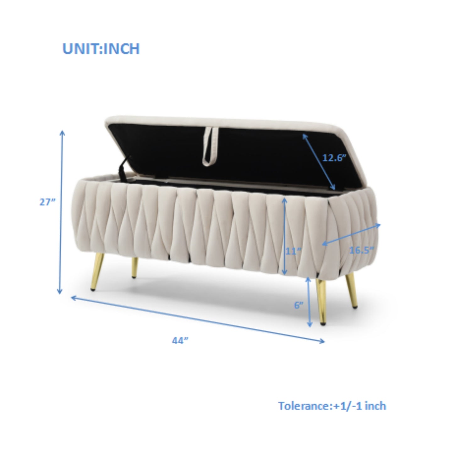 Cream velvet storage bench with pleated design and gold legs