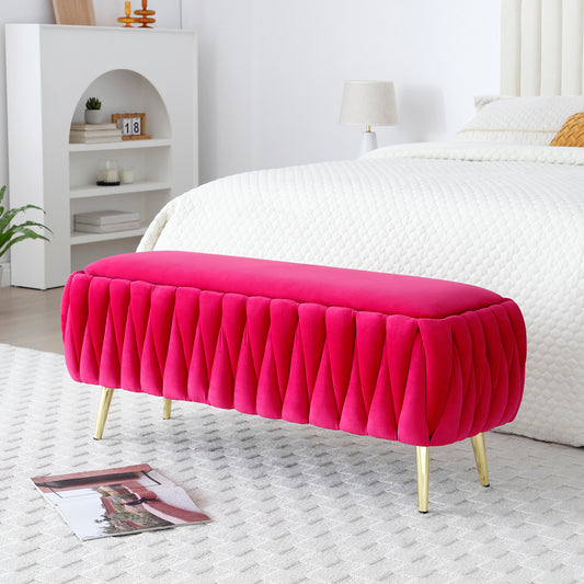 Fuchsia velvet bench with pleated detail and gold legs