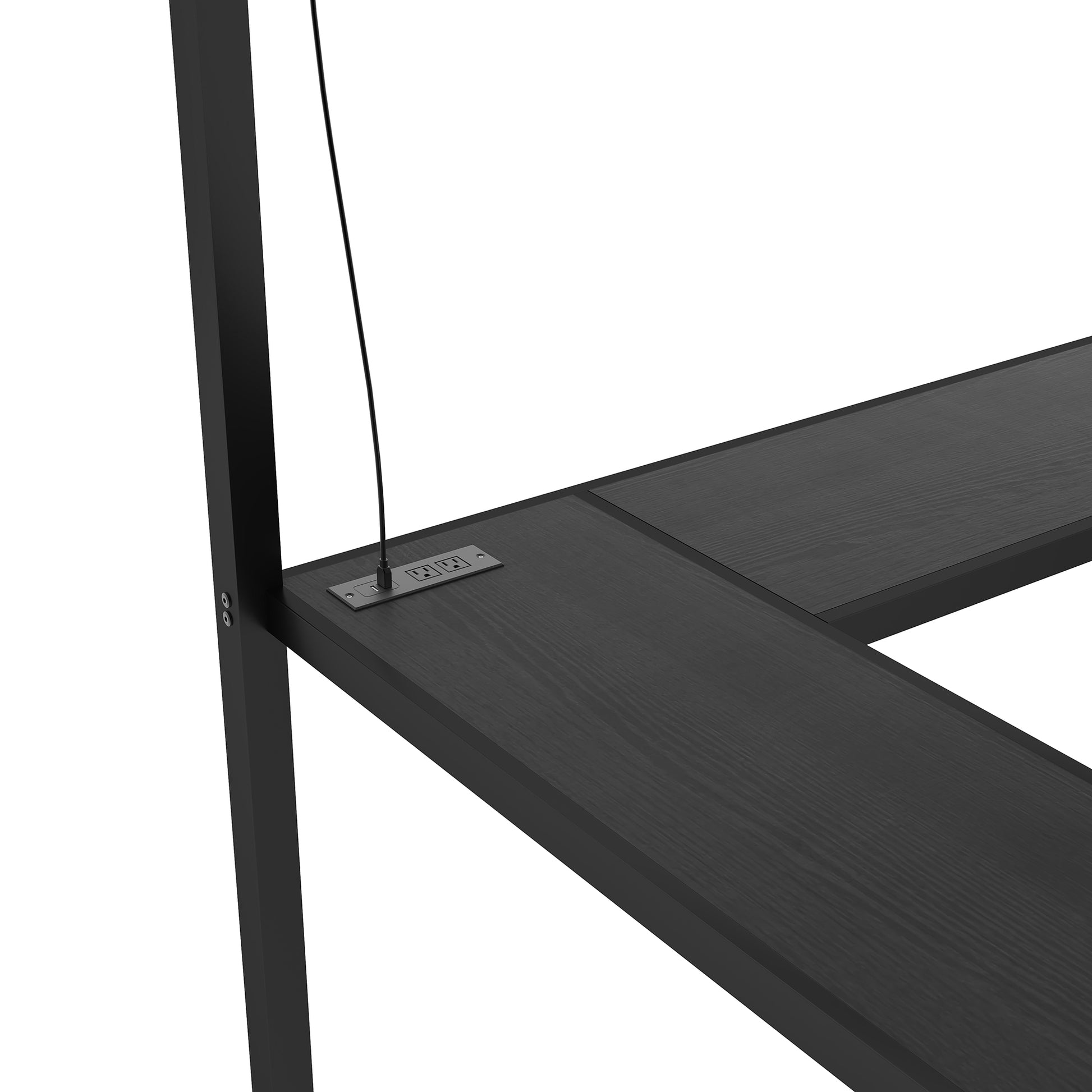 Black wood grain Lshaped desk with integrated power strip and USB port
