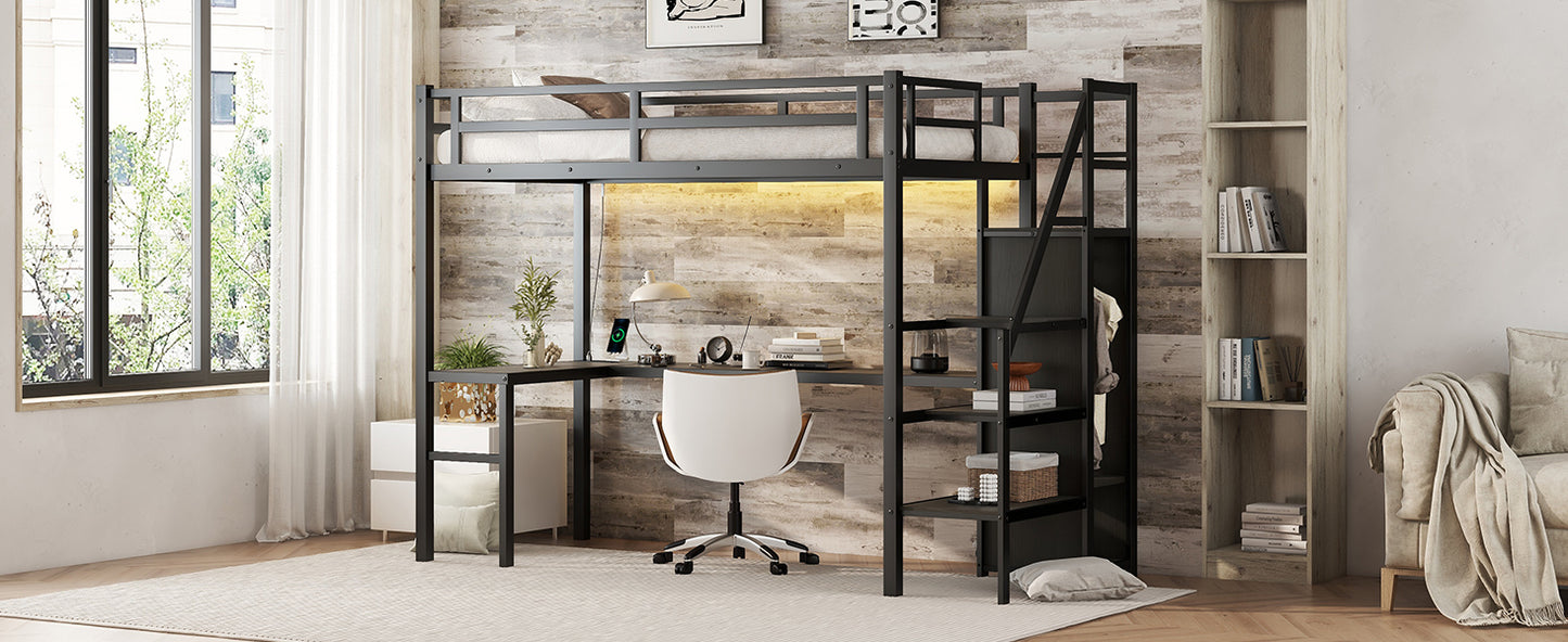 Black metal loft bed with integrated desk and shelves