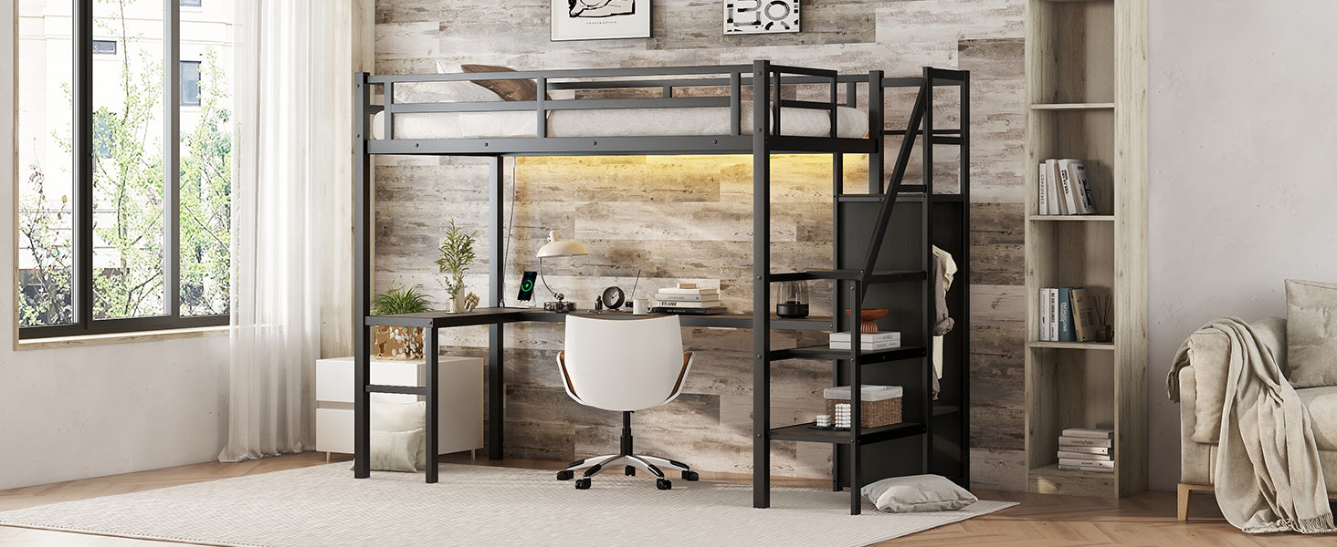 Black metal loft bed with integrated desk and shelves