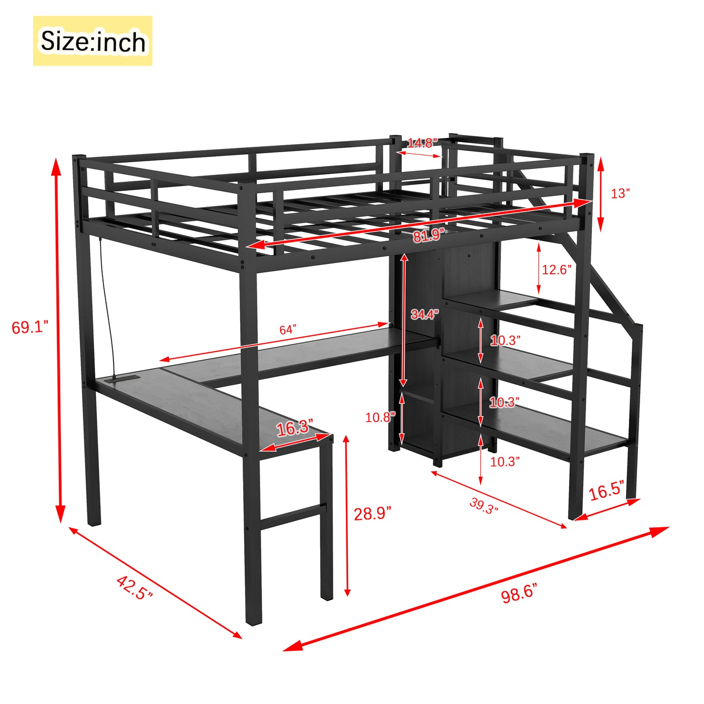 Black metal loft bed with integrated desk and shelves