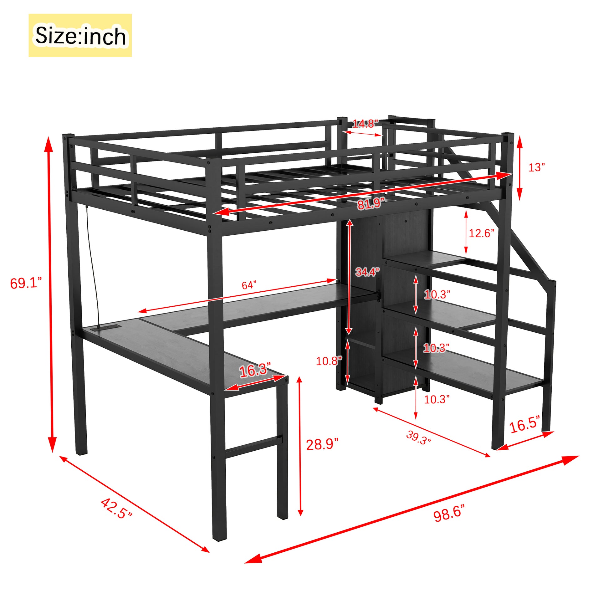 Black metal loft bed with integrated desk and shelves