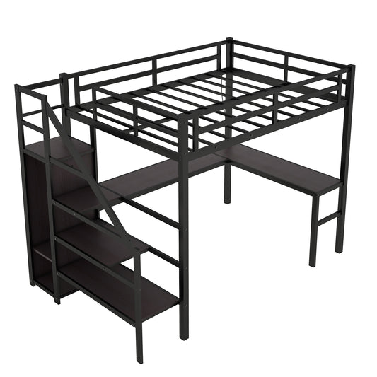 Black metal loft bed with builtin desk and shelves for kids room