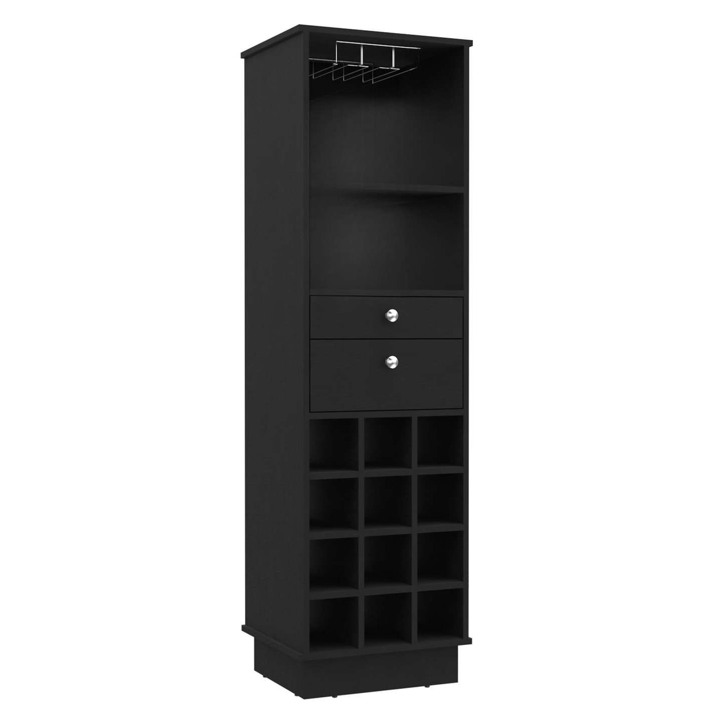 Black tall wine cabinet with glass rack and  bottle cubbies