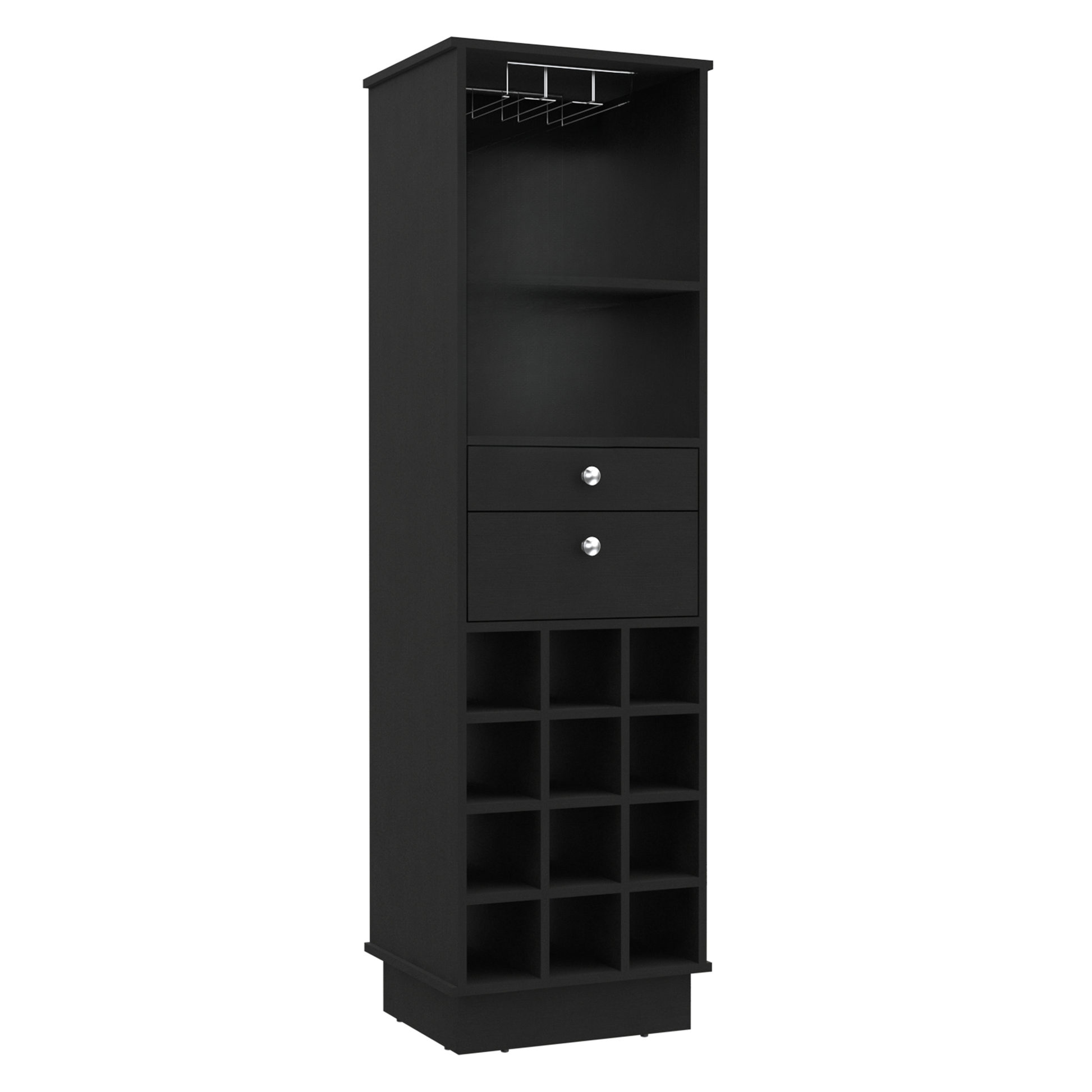 Black tall wine cabinet with glass rack and  bottle cubbies