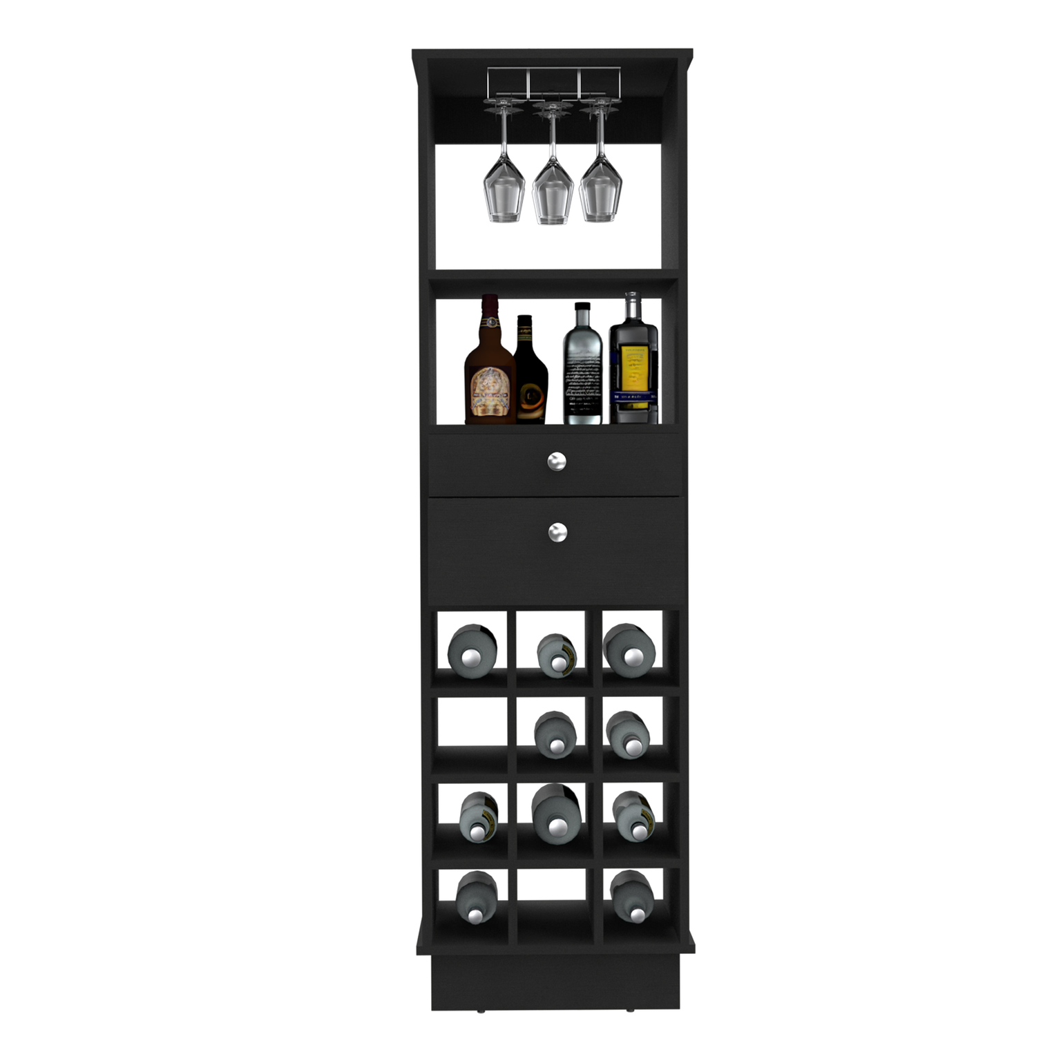 Black tall wine cabinet with glass rack and bottle cubbies
