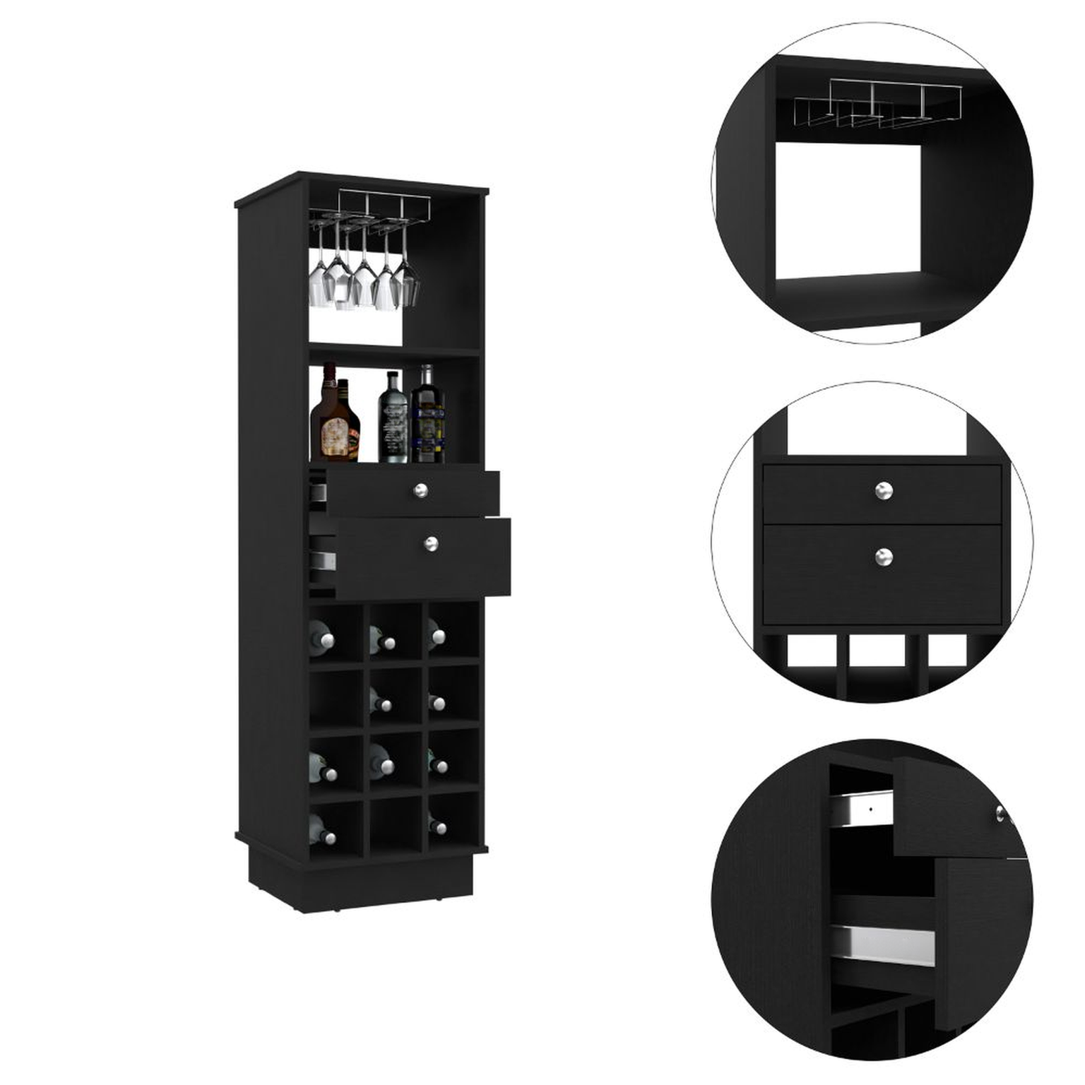 Black tall wine cabinet with glass rack and wine bottle cubbies