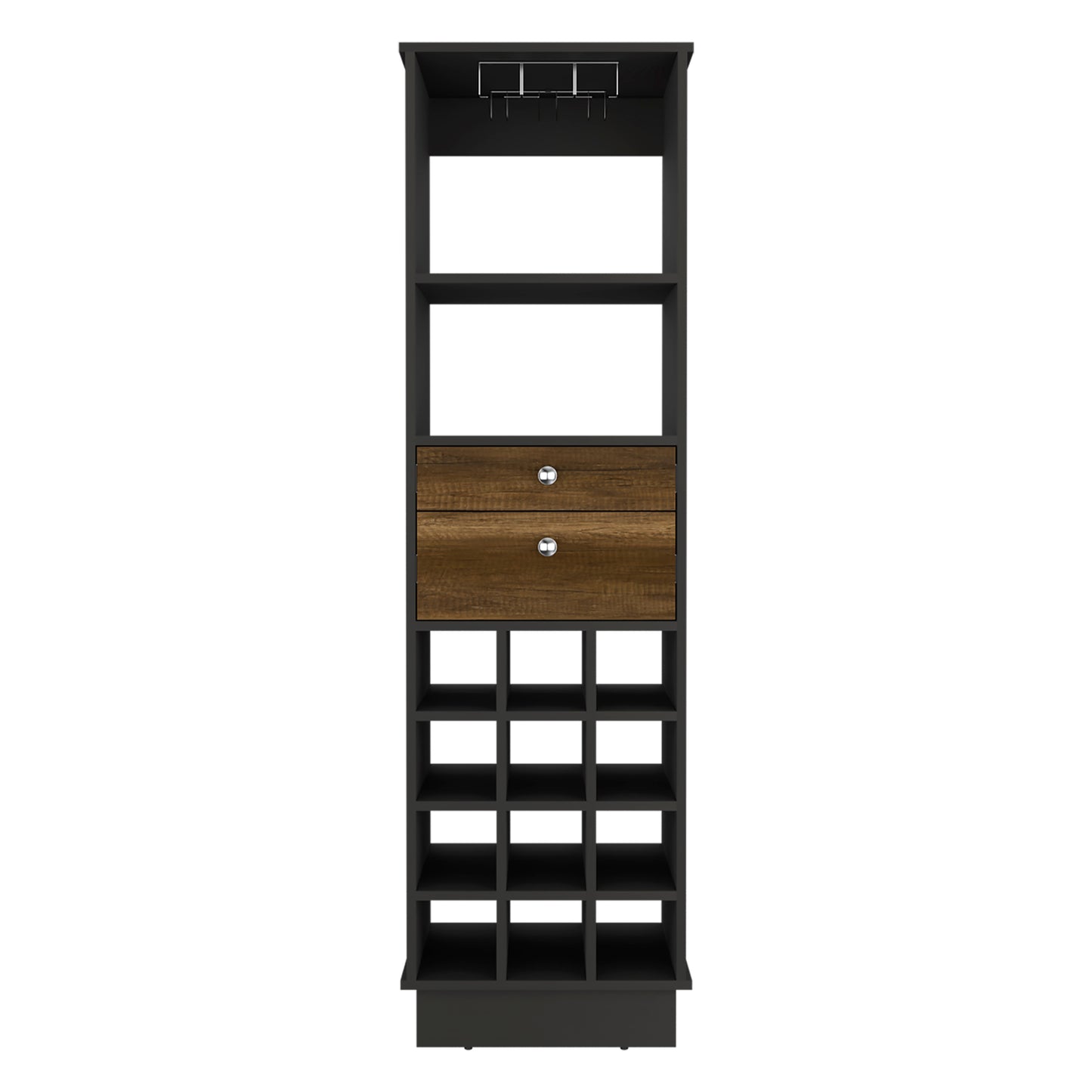 Black wine rack with glass holders and two woodgrain drawers