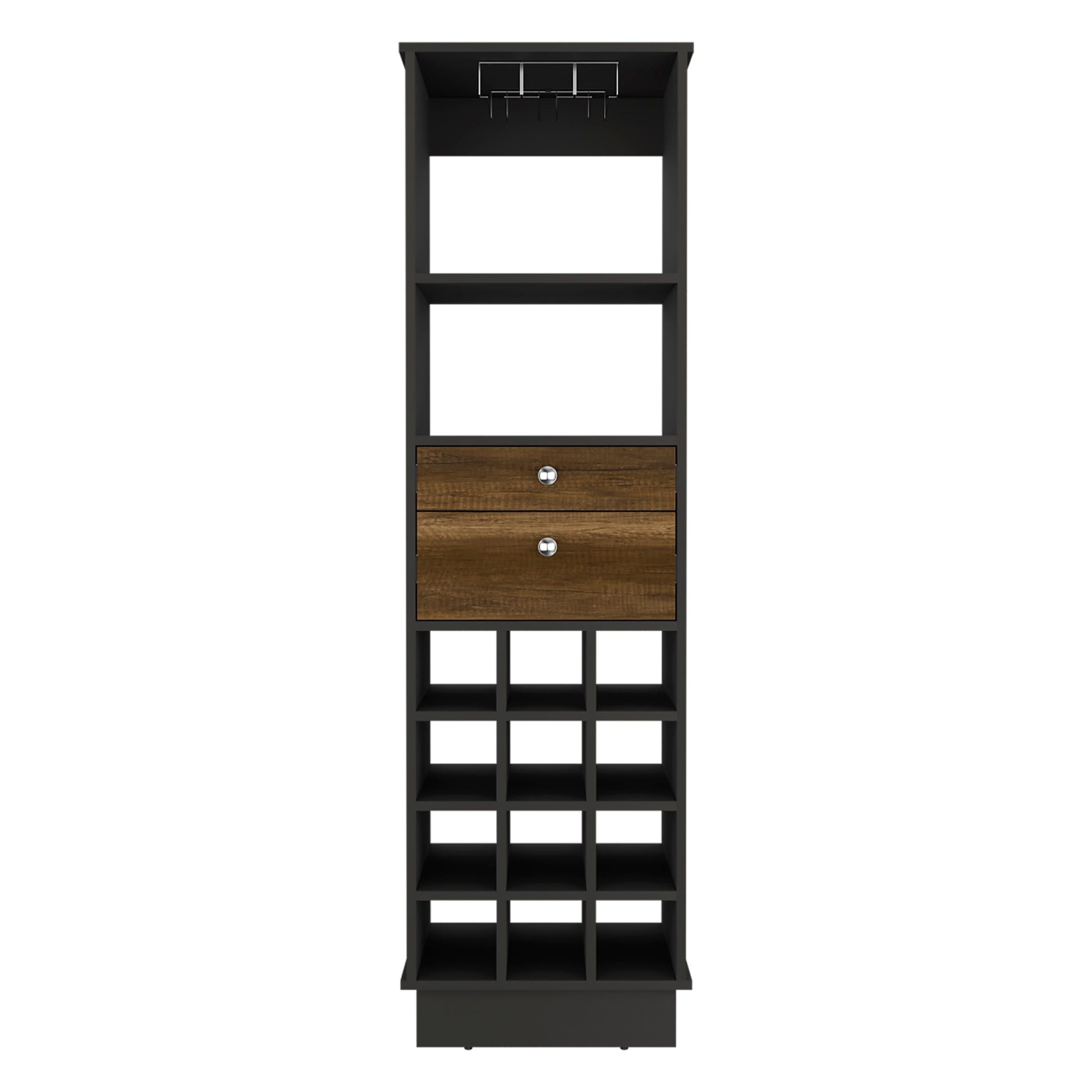 Black wine rack with glass holders and two woodgrain drawers