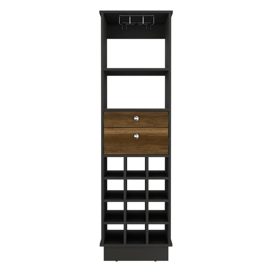 Black wine rack with glass holders and two woodgrain drawers