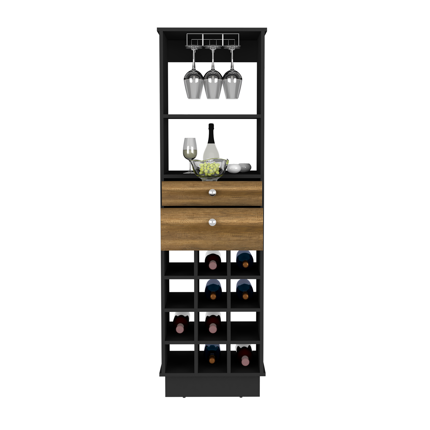 Black and wood wine cabinet with wine glass rack and bottle cubbies