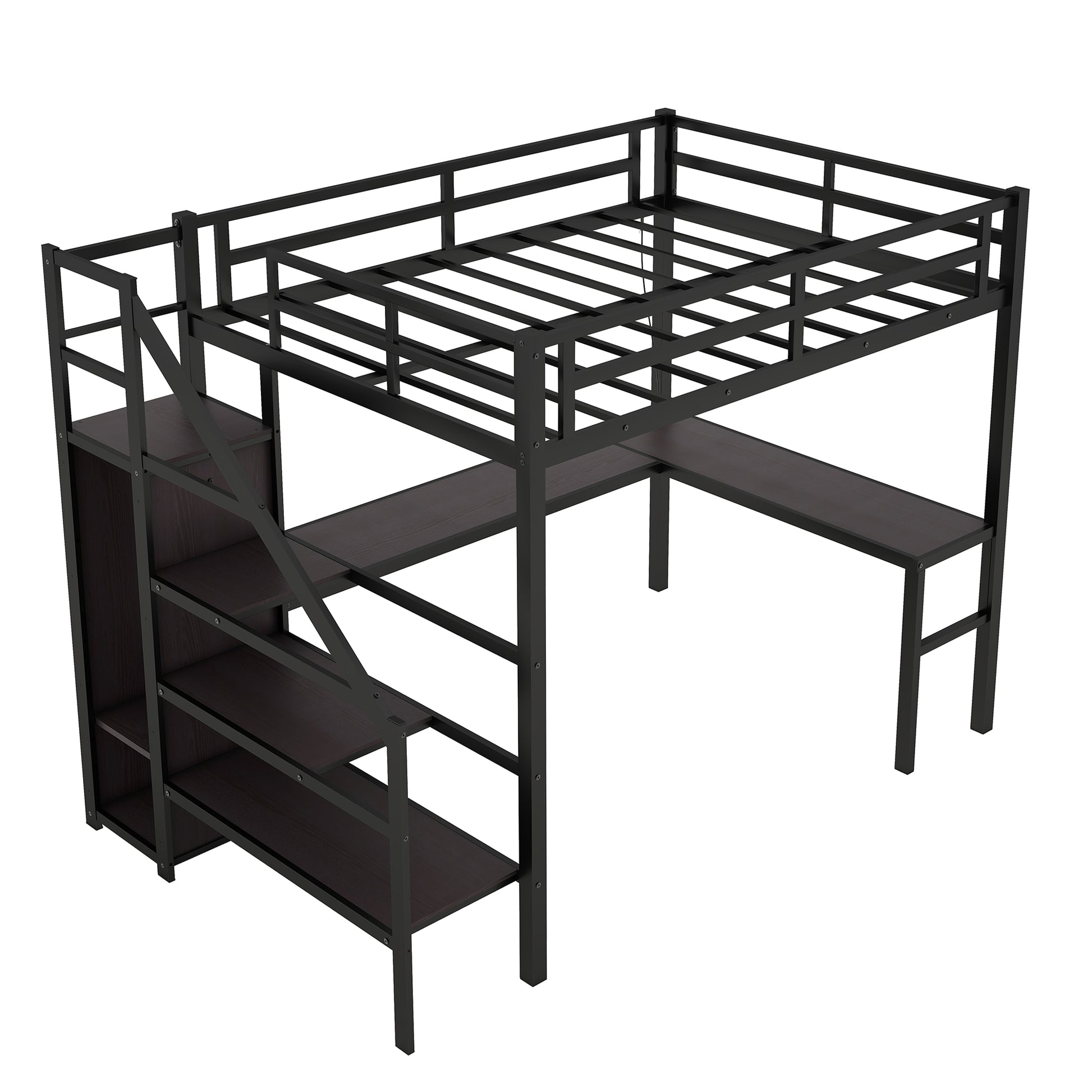Black metal loft bed with desk and shelves