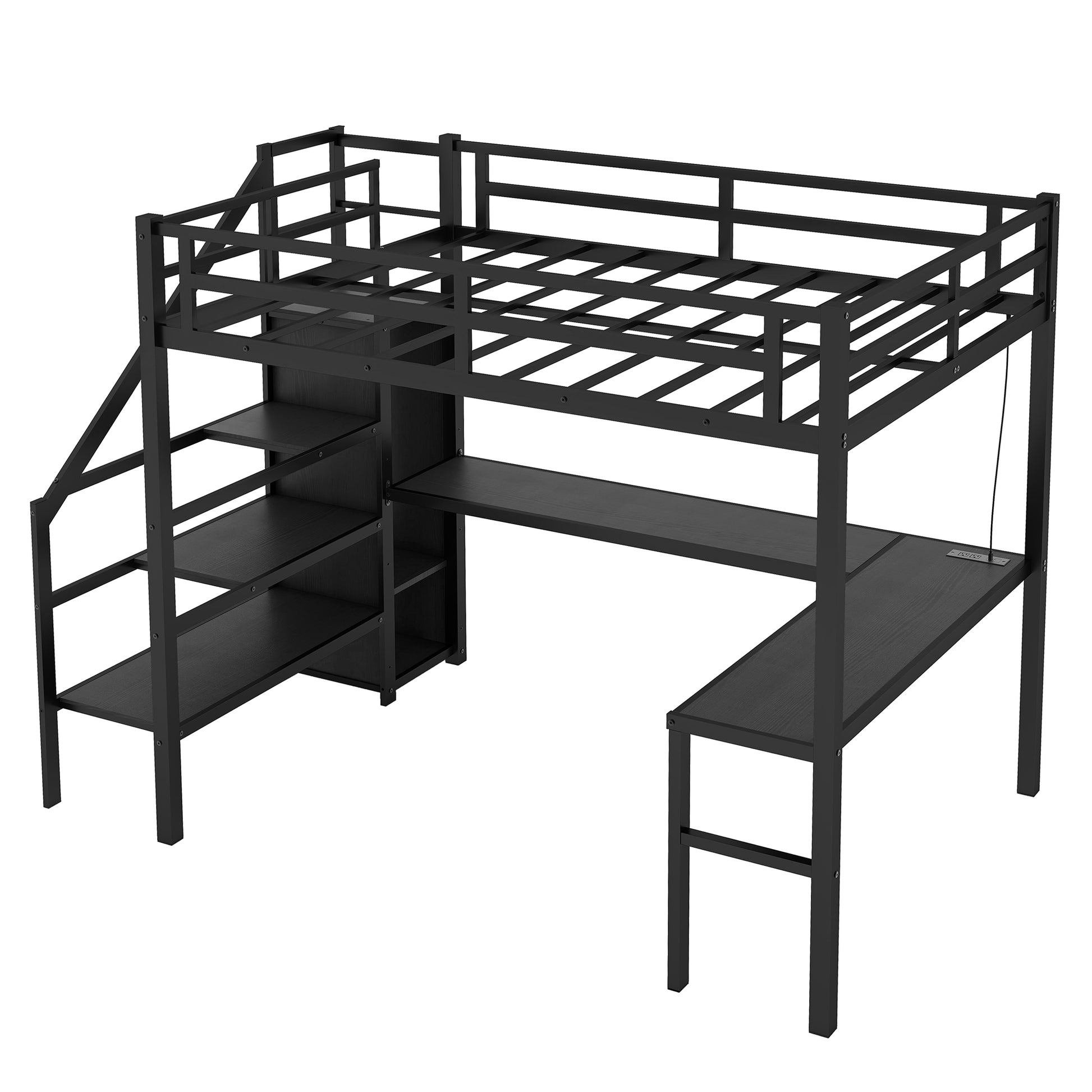 Black metal loft bed with integrated desk and shelves