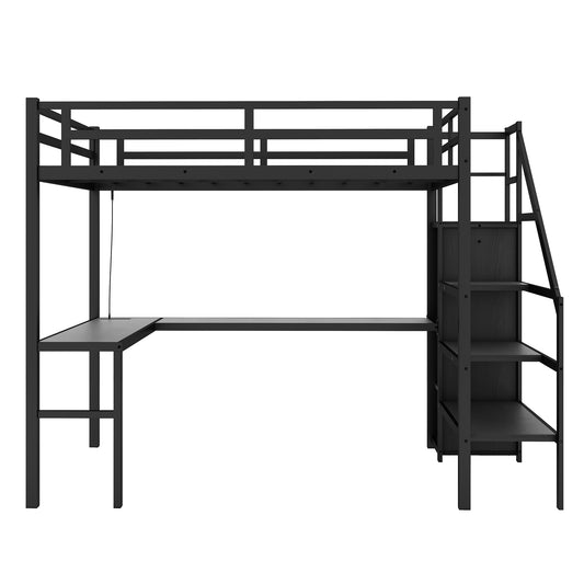 Black metal loft bed with integrated desk and shelving unit