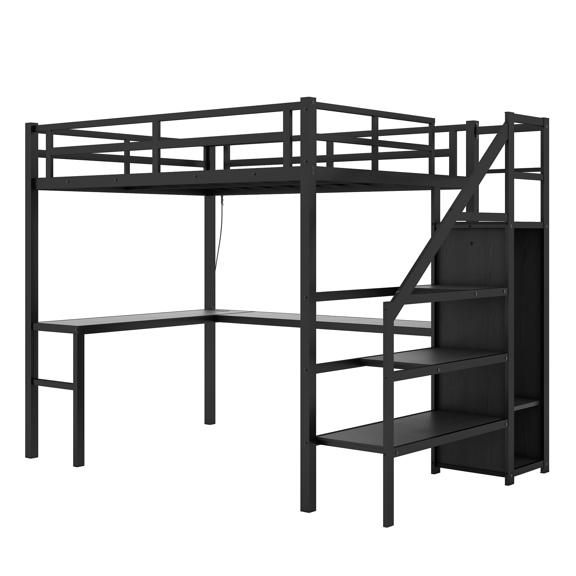 Black metal loft bed with integrated Lshaped desk and builtin shelves