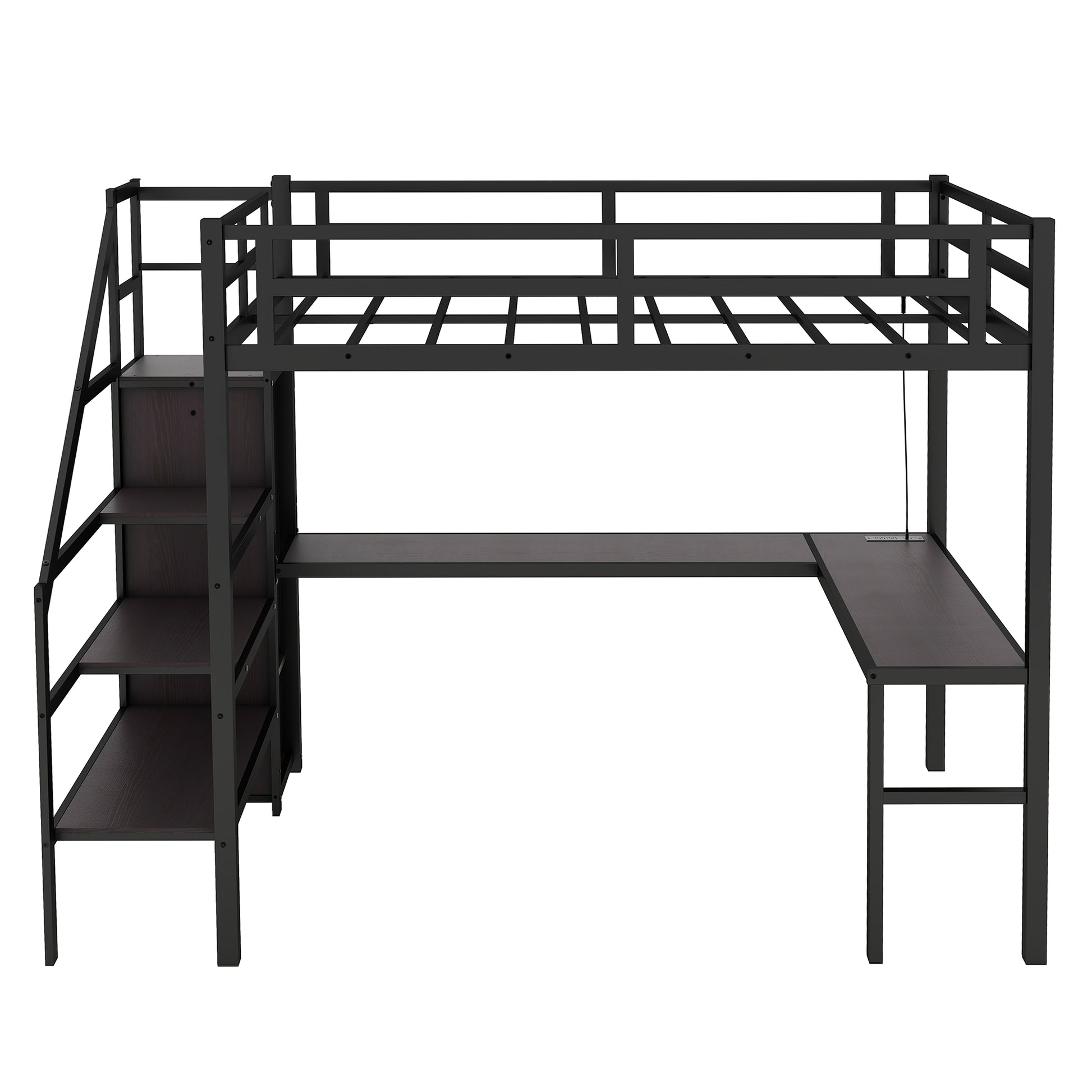 Black metal loft bed with builtin desk and shelves