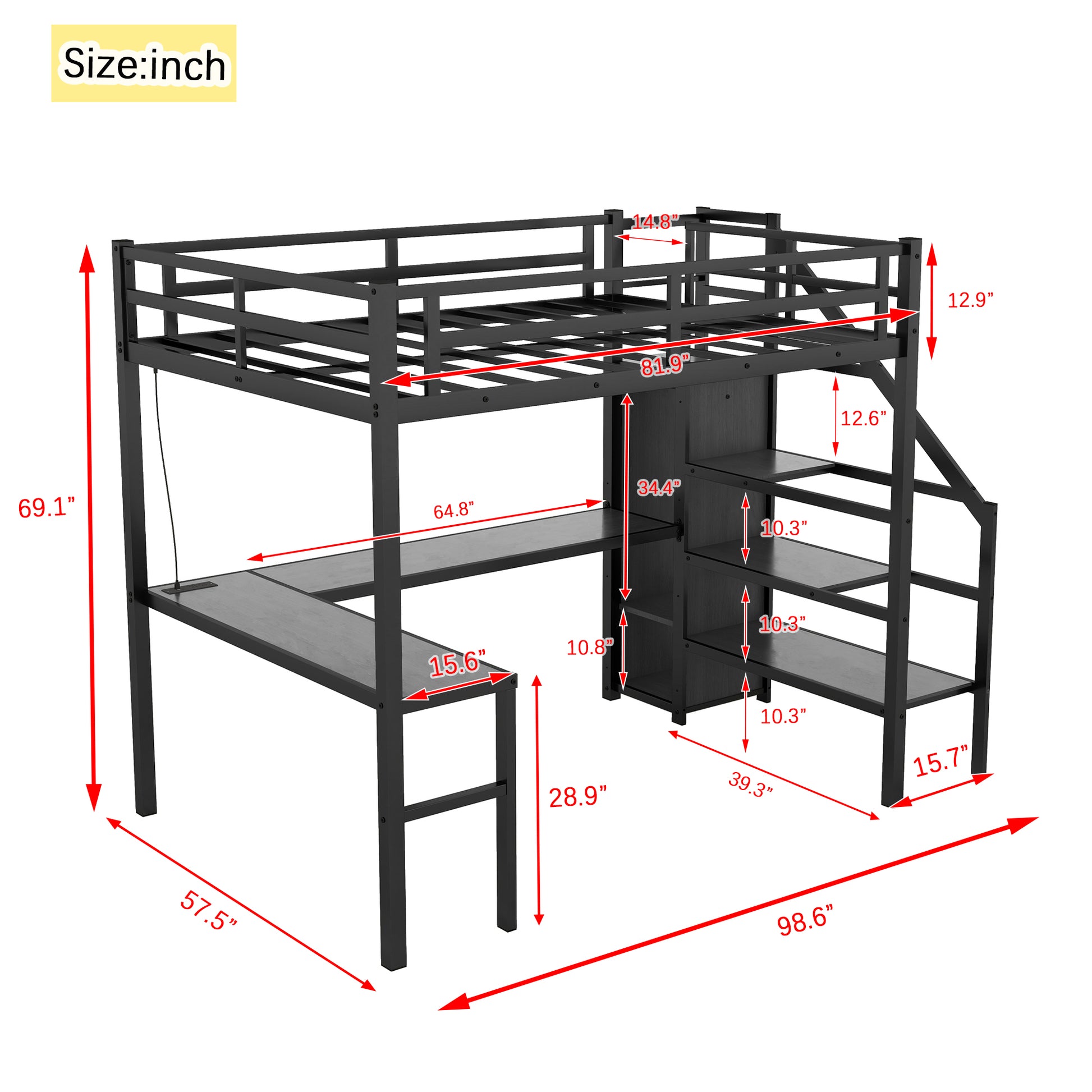 Black metal loft bed with desk and shelves