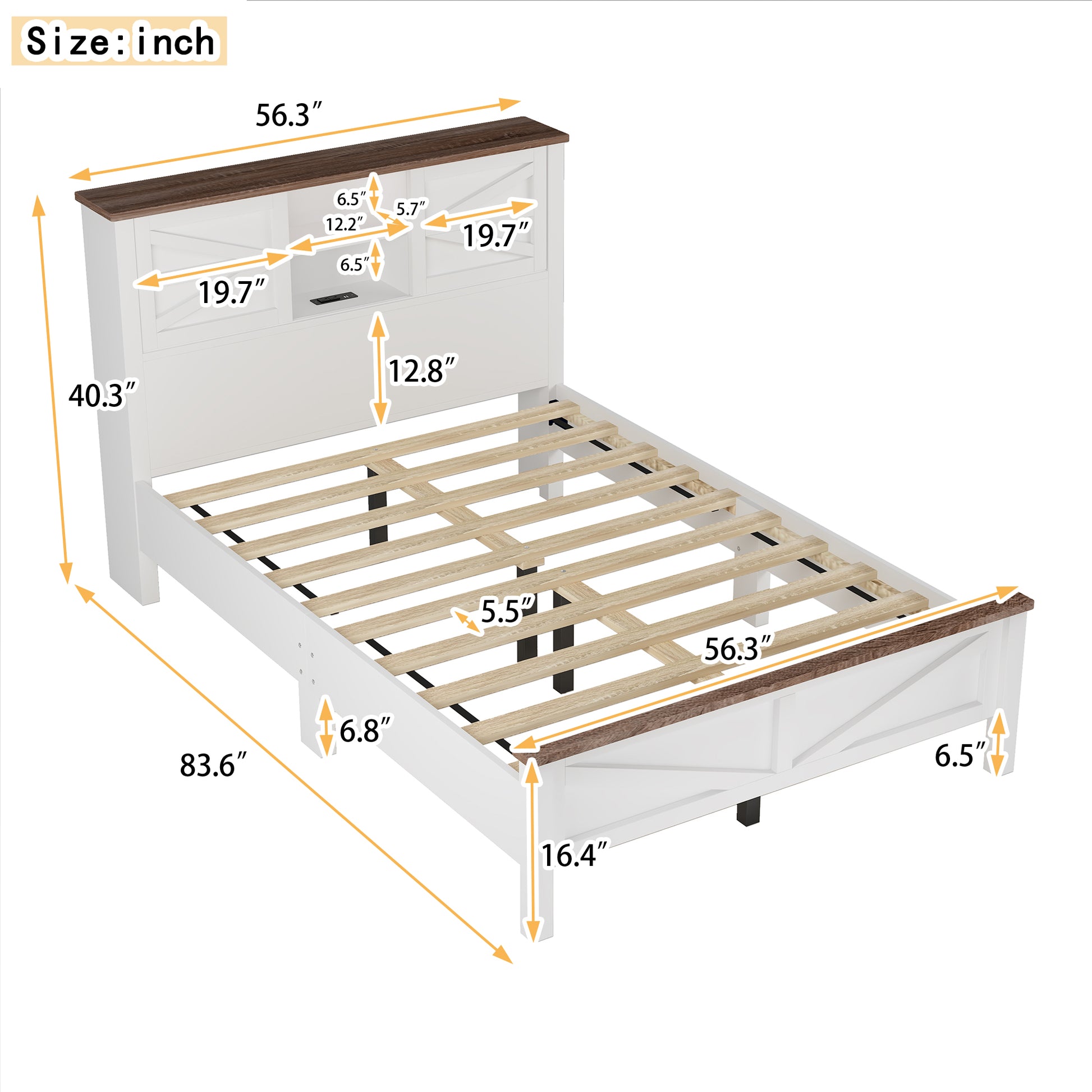 White farmhouse queen bed frame with wood headboard and USB ports