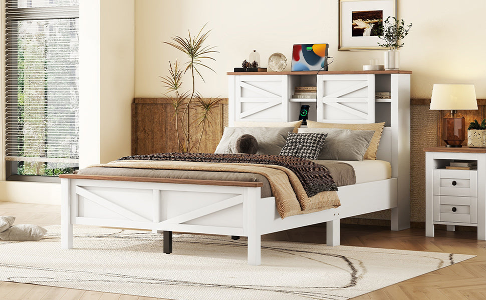 Farmhouse white wood bed frame with builtin headboard storage