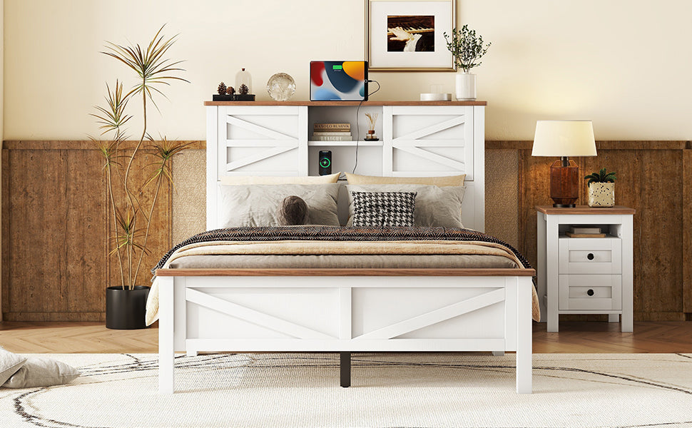 White and wood queen bed with farmhouse headboard and integrated charging station