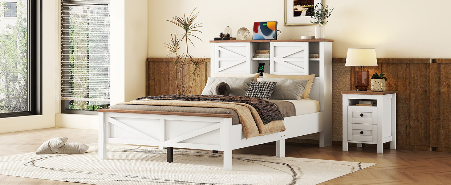White wooden farmhouse bed frame with builtin bookshelf headboard