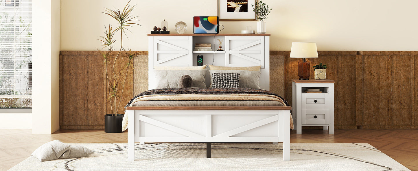 White wooden farmhouse bed frame with integrated headboard charging station