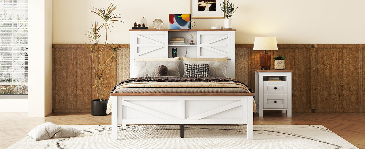 White wooden farmhouse bed frame with integrated headboard charging station