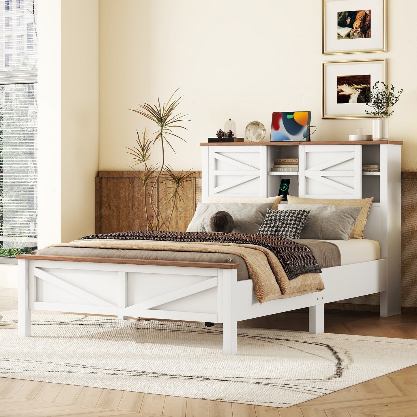 White wooden bed frame with Xdesign headboard and integrated shelves queen size